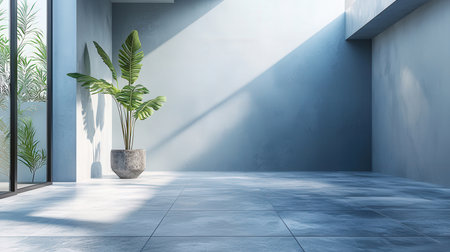 Interior of modern living room with blue walls, concrete floor and plant in pot. 3d renderingの素材