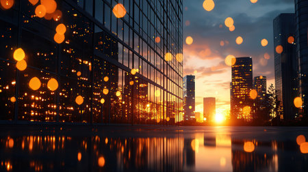 Cityscape with bokeh lights at sunset. 3d renderingの素材
