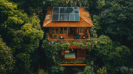 House with solar panels on the roof in the tropics. Eco house.の素材
