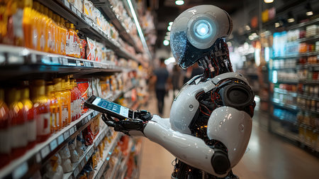 Robot with smartphone in supermarket. Artificial intelligence and machine learning concept.の素材