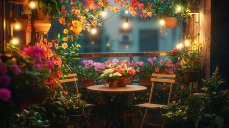 Flowers on the terrace of a cafe. Vintage style.の素材