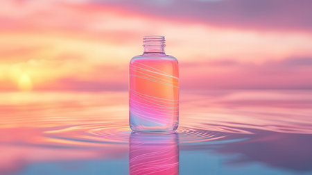 3d render of a bottle on water surface with beautiful sunset backgroundの素材