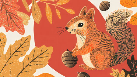 Autumn background with squirrel and acorns. Hand drawn vector illustration.の素材