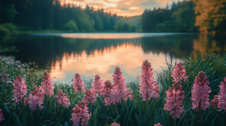 Pink hyacinths on the lake shore at sunset. Spring landscape.の素材