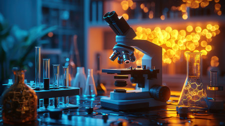 Microscope and test tubes on table in laboratory. Laboratory research conceptの素材