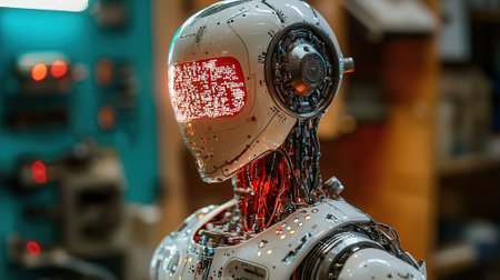 Close up of artificial intelligence robot in a museum.の素材