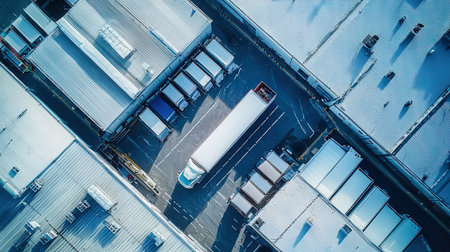Aerial view of cargo container truck in warehouse. Industrial background.の素材