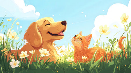 Cute dog and cat in the meadow. Vector illustration.の素材