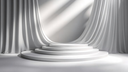 White podium with white curtains, 3d render, mockup.の素材
