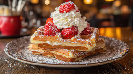 Belgian waffles with strawberries and whipped cream on a wooden tableの素材