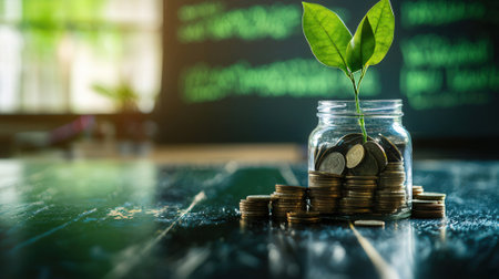 Investment concept, Coins in the glass with tree and stock market graph backgroundの素材