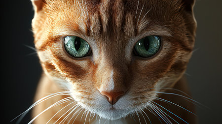 Portrait of a red cat with green eyes on a black backgroundの素材