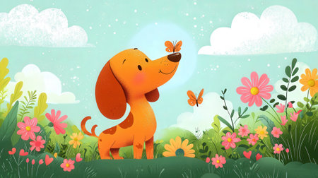 Cute cartoon dachshund in the meadow with flowersの素材