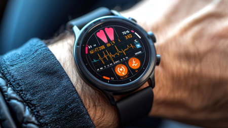Closeup of a smartwatch with heart rate monitor on the screenの素材
