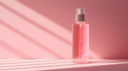 pink cosmetic bottle on pink background with sunlight and shadow from windowの素材