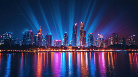 Night view of skyscrapers in Singaporeの素材