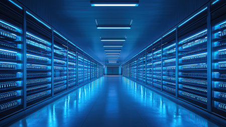 server room data center with rows of server racks. 3d renderingの素材