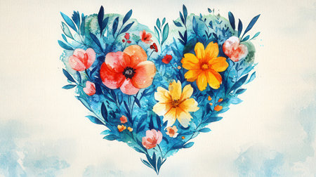 Watercolor floral heart with poppies and blue leaves on white backgroundの素材
