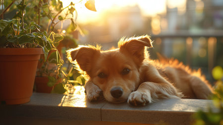 Cute dog lying on the balcony and looking at the sunset.の素材
