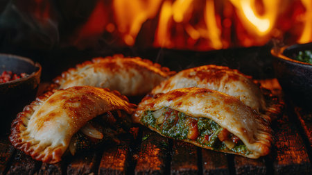 Delicious empanadas with spinach and cheese on a wooden table.の素材