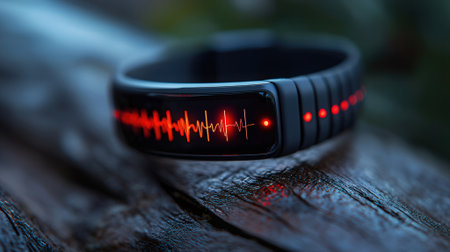 Smart watch with red heart rate on the screen on a wooden backgroundの素材
