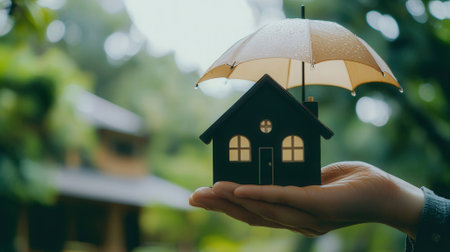 Woman hand holding house model and umbrella on nature background, Insurance conceptの素材