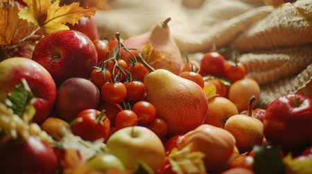 Autumn still life with fruits and vegetables. Selective focus.の素材