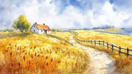 Autumn rural landscape with wooden fence and house. Digital painting.の素材