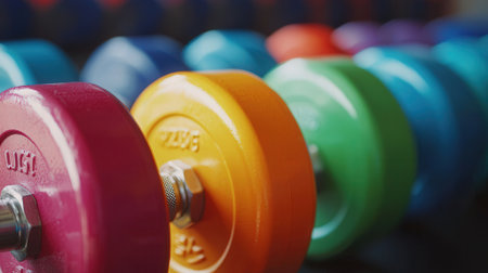 Colorful dumbbells in fitness gym. Close-up shotの素材