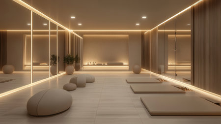 3D rendering of the interior of a modern room with a glass wallの素材