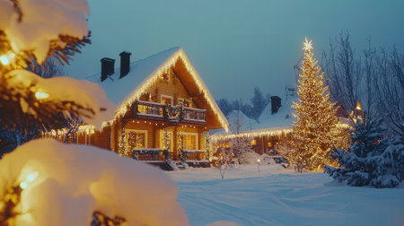 Beautiful wooden house with Christmas tree in the snow at night.の素材