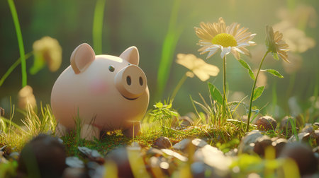 Piggy bank in the grass with daisies and acornsの素材
