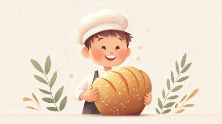 Illustration of a cute baker holding a loaf of bread in his handの素材