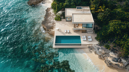 Aerial view of luxury villa with swimming pool and sea viewの素材