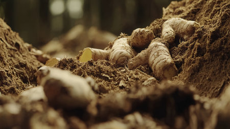 Fresh galangal root on ground in the forest. Selective focus.の素材