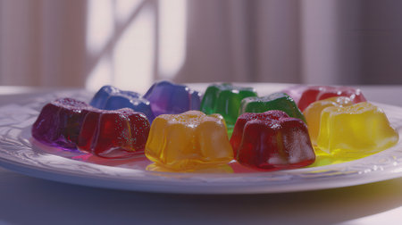 Colorful jelly candies on a white plate. Selective focus.の素材