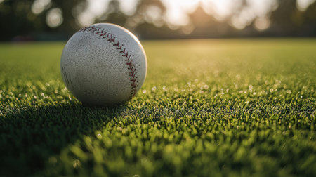 Baseball on the green grass field, soft focus and vintage toneの素材