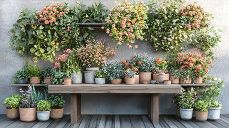 Flower pots on a wooden table in front of the wall.の素材