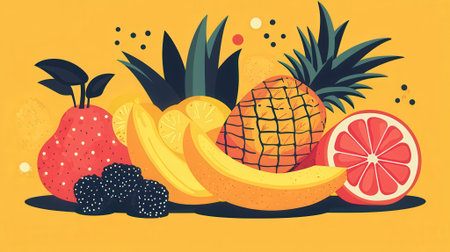 Fruits and berries on yellow background. Vector illustration in flat style.の素材
