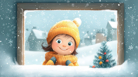 Cute little boy in knitted hat and scarf sitting on snow with Christmas treeの素材