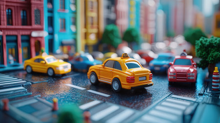 Lego minifigure with yellow taxi car on the city streetの素材