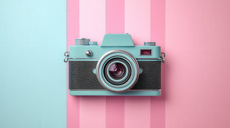 Retro camera on a pink and blue background. Minimal style.の素材