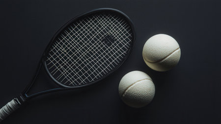 Tennis racket and balls on black background. Top view with copy spaceの素材