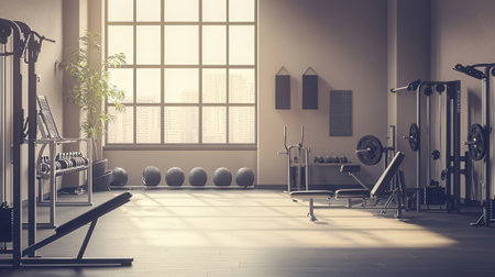 Modern gym interior with equipment. 3d rendering mock up toned imageの素材