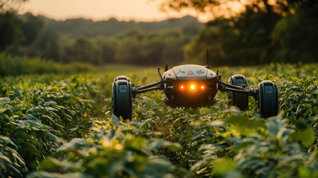 Tractor spraying pesticides on potato field with sprayer at sunset.の素材