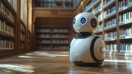 Robot in a library. 3d illustration. Technology concept.の素材
