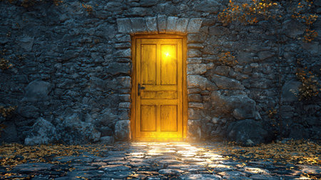 Wooden door in old stone wall with yellow light coming through itの素材