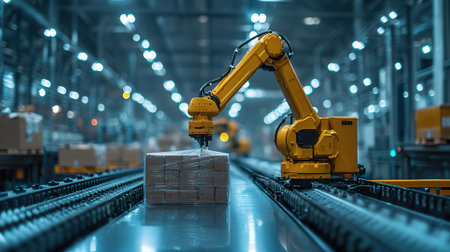 Smart warehouse management system with innovative internet of things technology to identify package picking and delivery. Future concept of supply chain and logistic network business.の素材