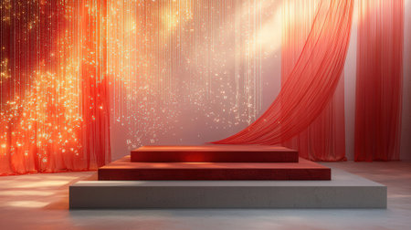 Podium with red curtain and falling snowflakes, 3d renderの素材
