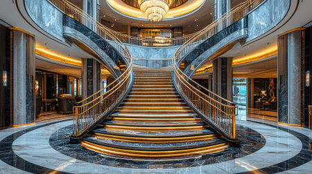 Luxury hotel lobby interior with stairs. 3D Renderingの素材